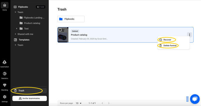 Recover deleted flipbook from trash in Flipsnack