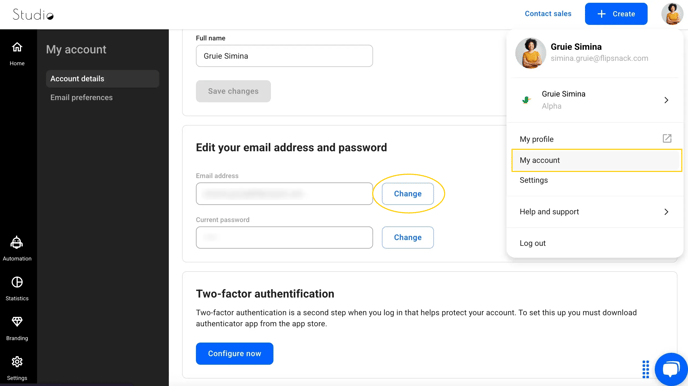 Change email address in Flipsnack