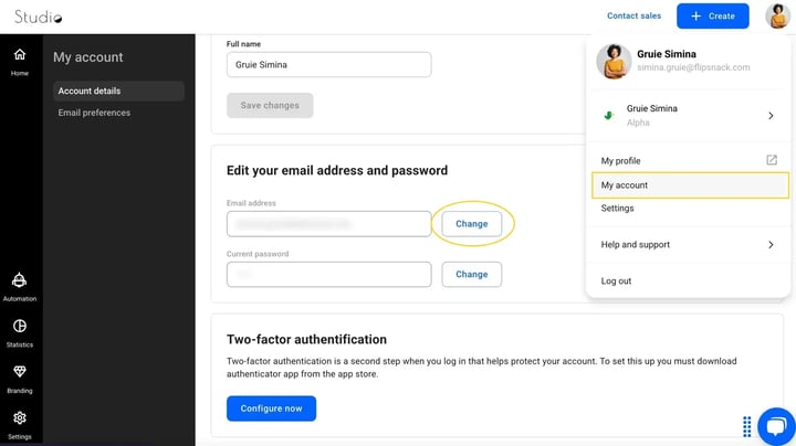 Change email address in Flipsnack