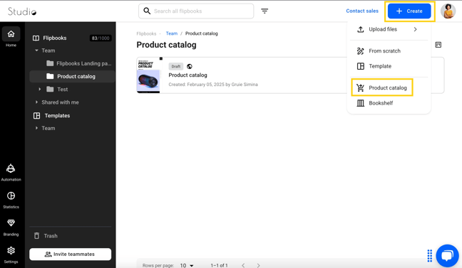 product catalog buton from the main dashboard