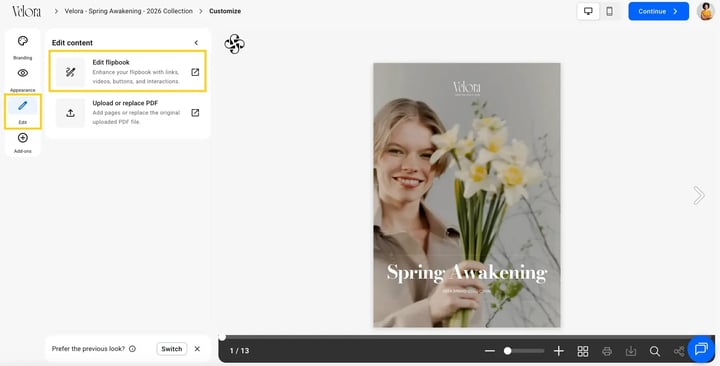 in customize click on Edit and then on Edit flipbook