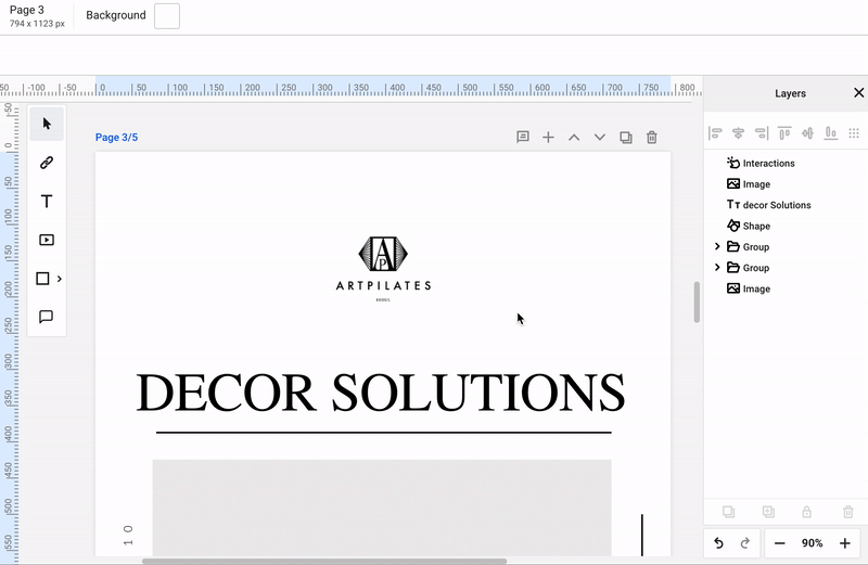 A logo being locked on a flipbook page, with the Layers panel listing the page's layers
