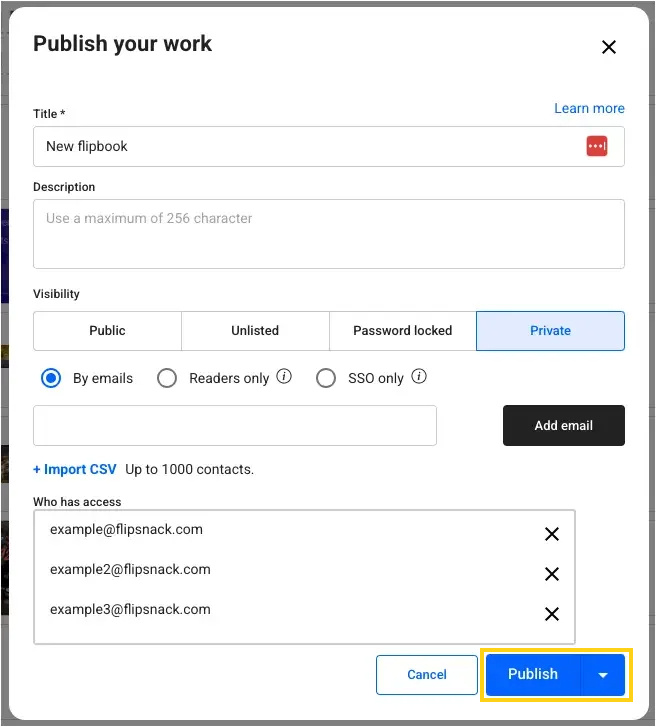 Publish button when private sharing in Flipsnack