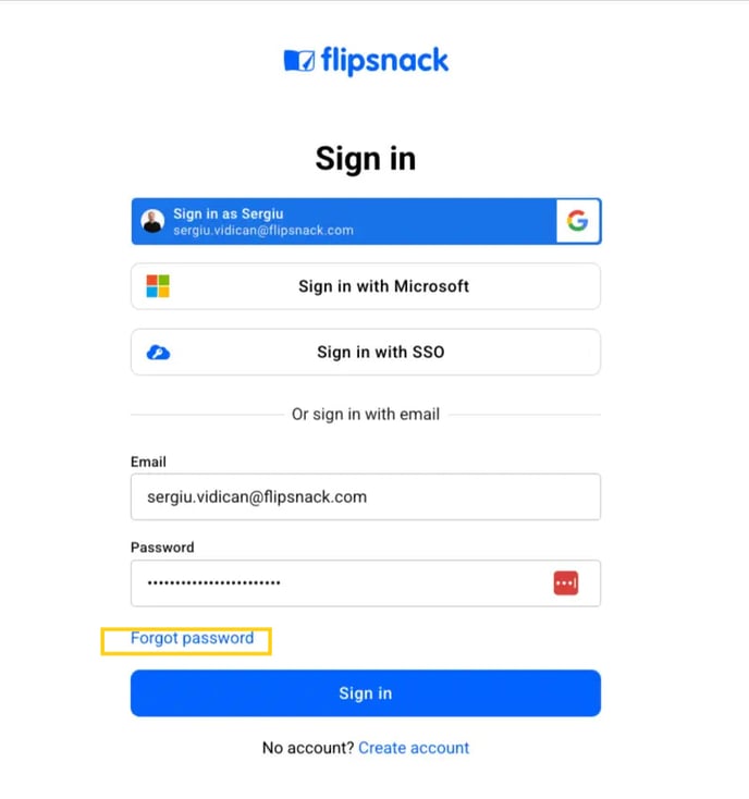 Forgot password button in Flipsnack