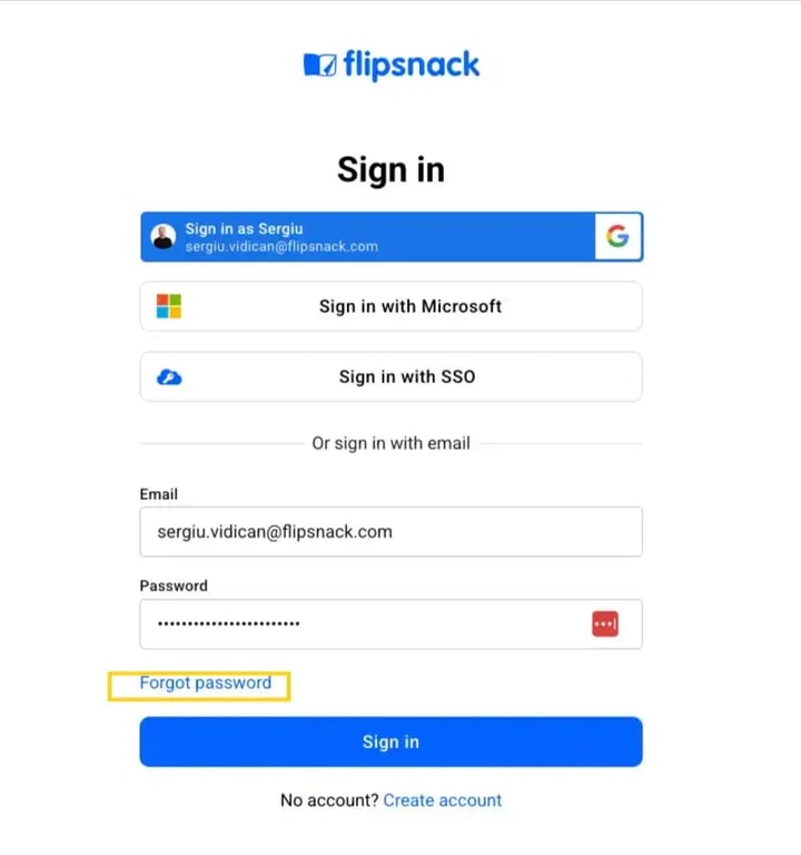 Forgot password button in Flipsnack