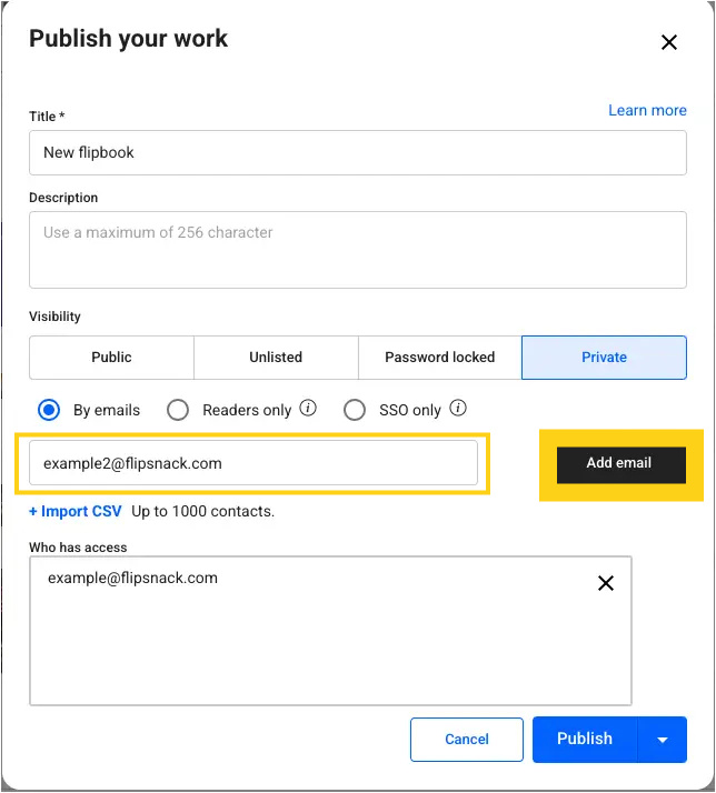 Adding email addresses to private sharing in Flipsnack