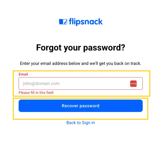 Recover password button in Flipsnack