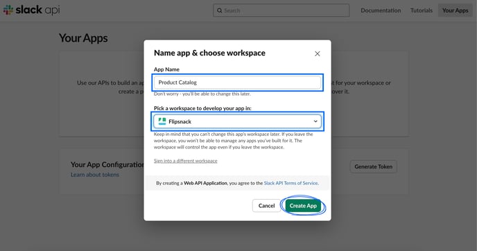 name of your app and choose the workspace