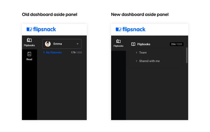 old-flipsnack-dashboard-aside-panel-vs-new-flipsnack-dashboard-aside-panel