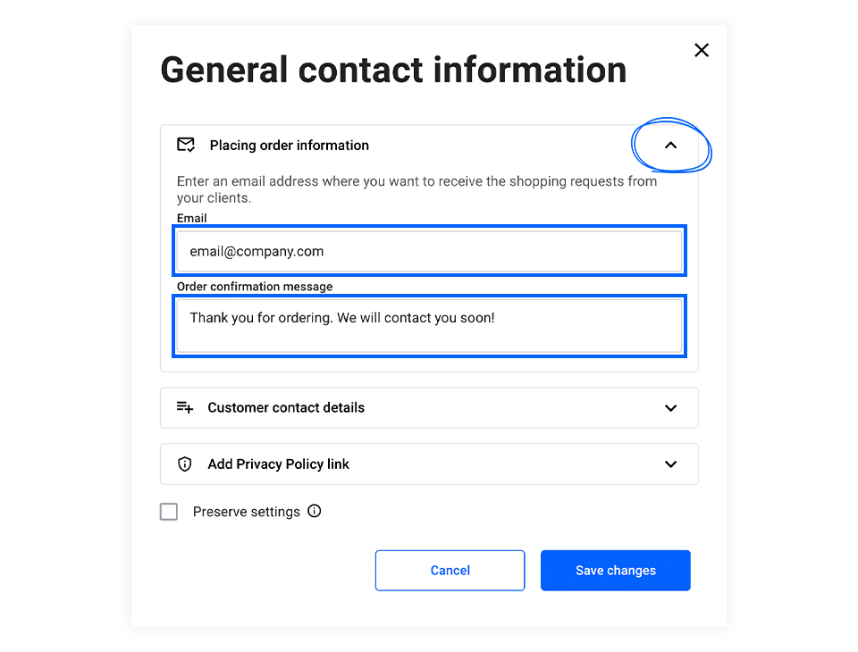 Customize order and customize email options in Shopping List
