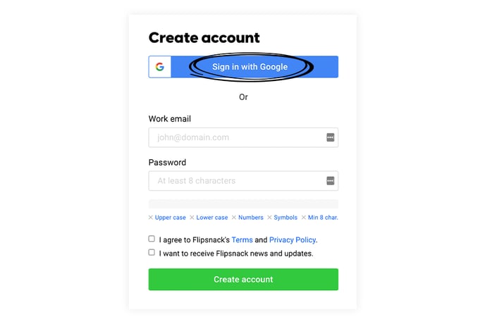 Sign in with google in flipsnack