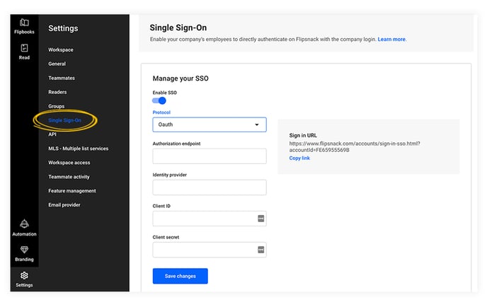 SSO settings in Flipsnack