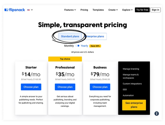 standard-plans-on-Flipsnacks-pricing-page