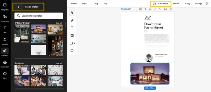 The Stock photos panel with its search box and categories, and AI Animate in the toolbar above a selected photo