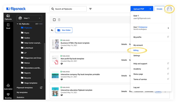 The billing section in Flipsnack
