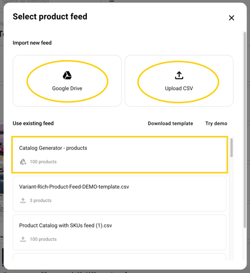 upload or use existing product feed