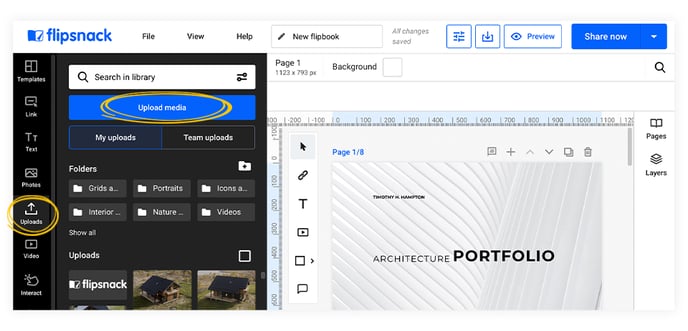 upload media button in flipsnack design studio