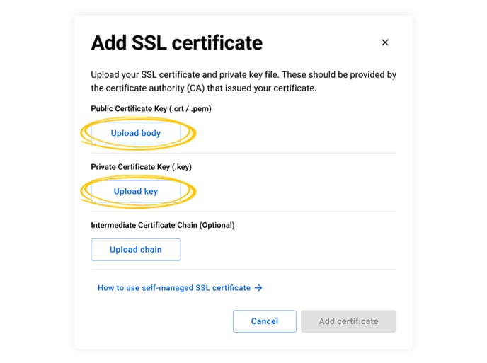 Upload your SSL certificate and private key file