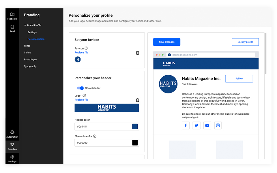 Personalization page in Flipsnack