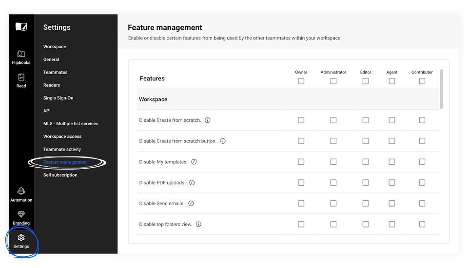 The feature management category in Flipsnack