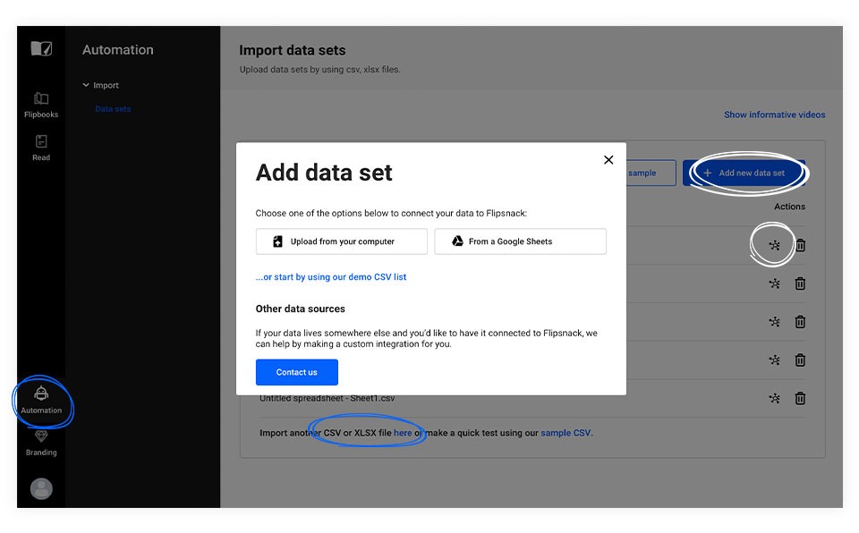 add a data set in flipsnack for automation