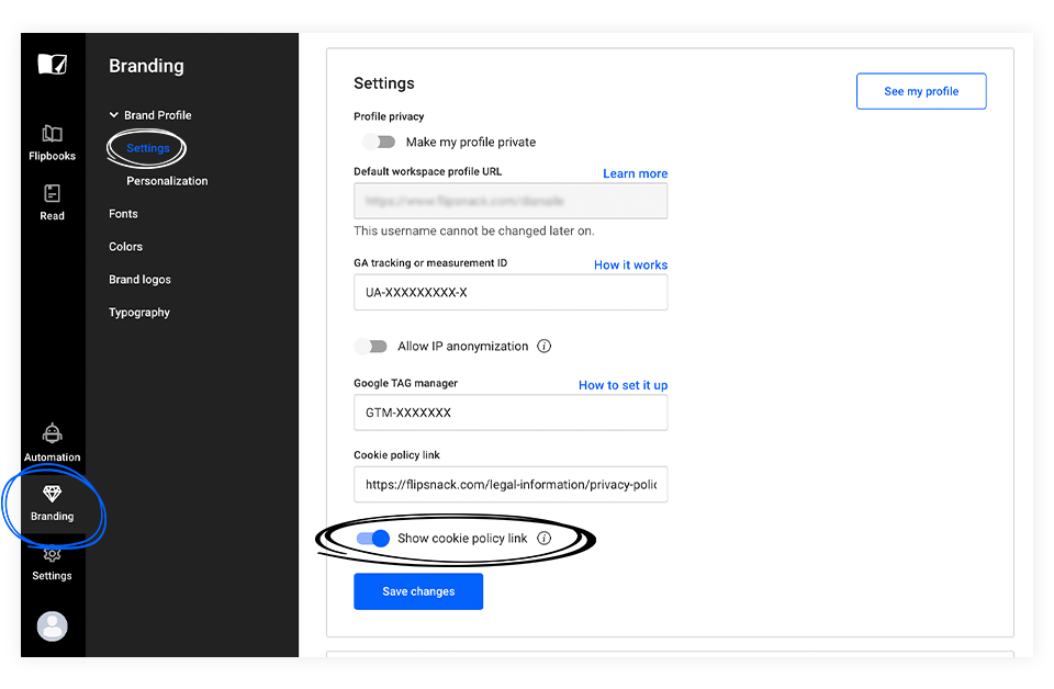 Enable show cookie policy link in Flipsnack account