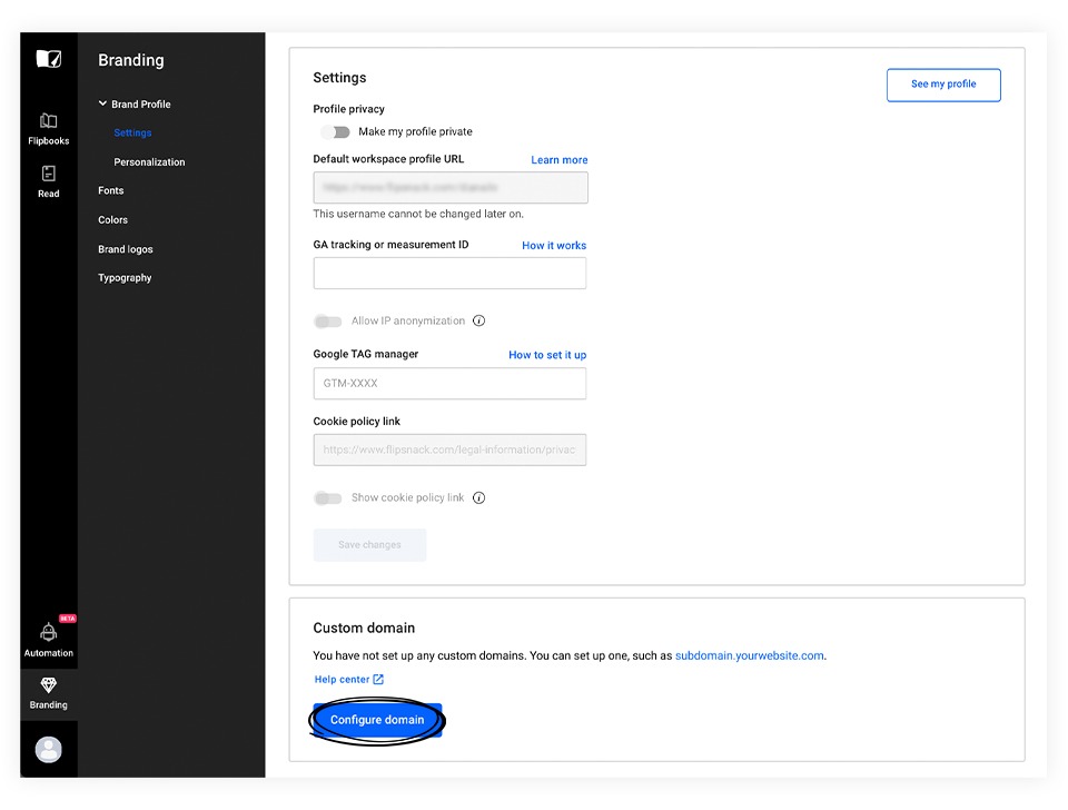 Configure domain button in Flipsnack