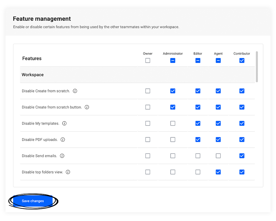Save changes button in Feature management