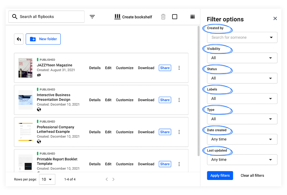 Filter options for flipbooks available in Flipsnack app