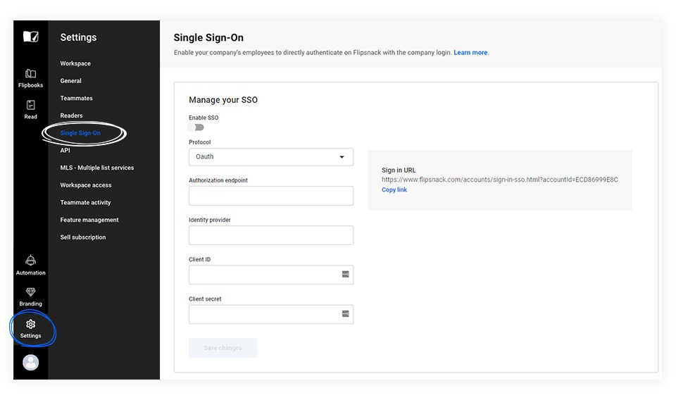 Single Sign-On option presented in Flipsnack