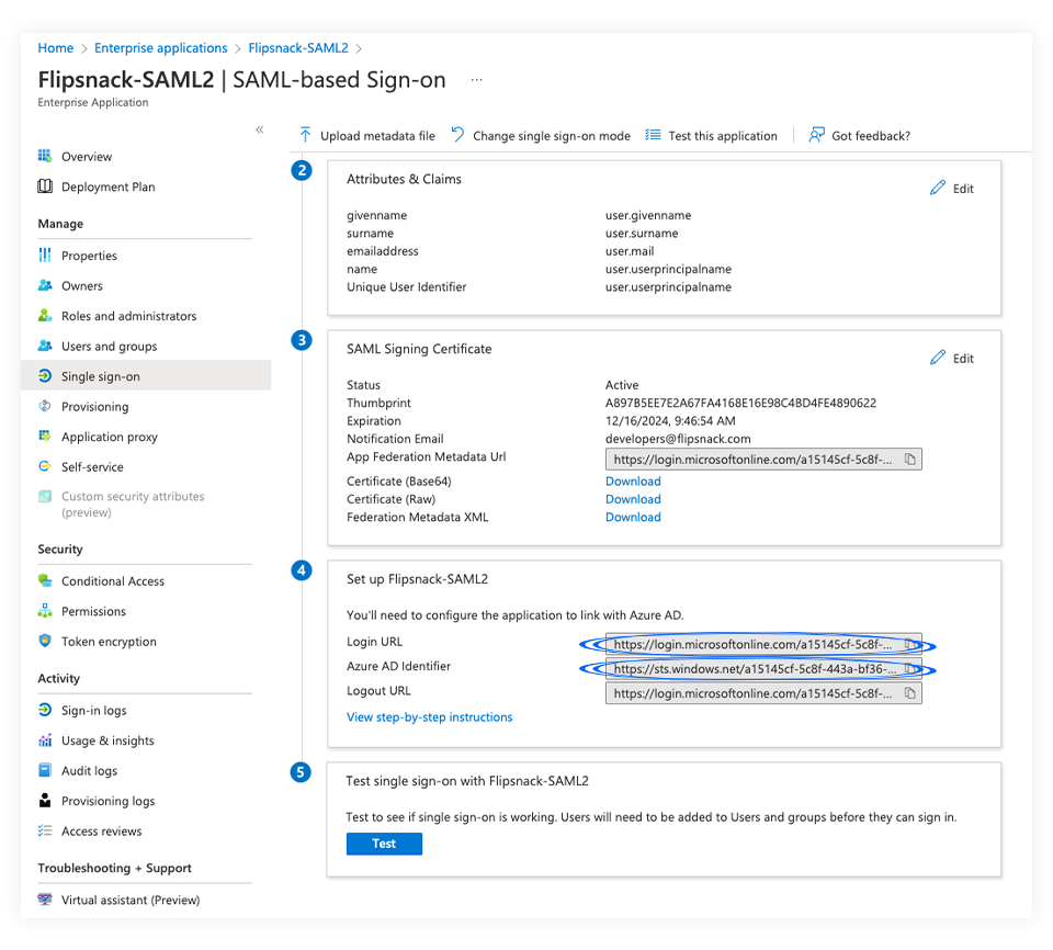 Setting the SAML setting like login URL and identifier