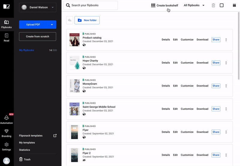 Selecting flipbooks that you want to appear in your bookshelf