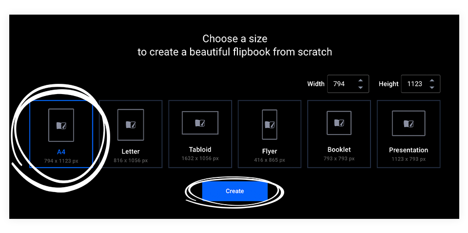 choose a size button in flipsnack design studio