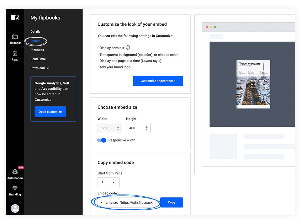 The embed code of a flipbook from Flipsnack