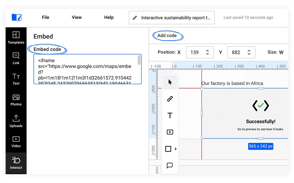 Pasting the embed code in the embed widget