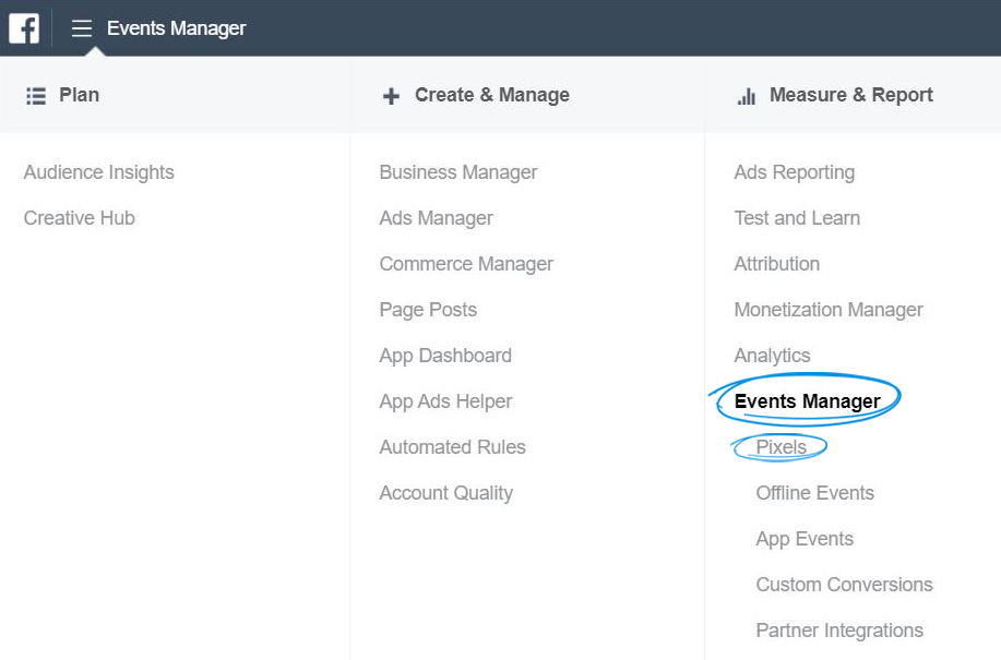 The events manager option in Facebook Business Manager