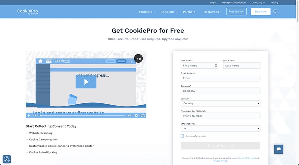 Sign-up form from the CookiePro page
