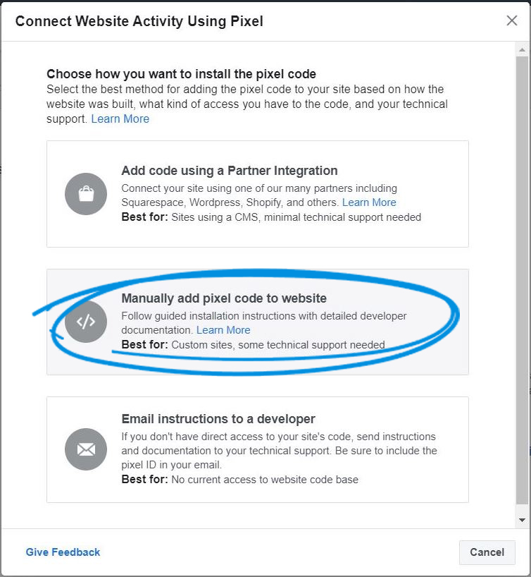 Adding the pixel code to website manually option