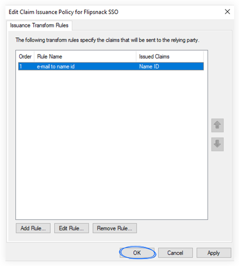 Finishing setting up the claim issuance policy for Flipsnack SSO