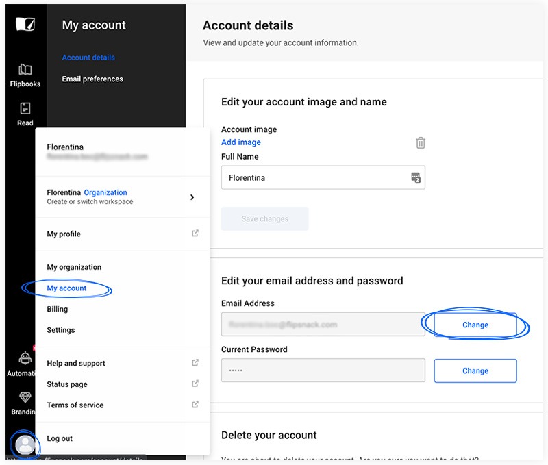 Change email address in Flipsnack