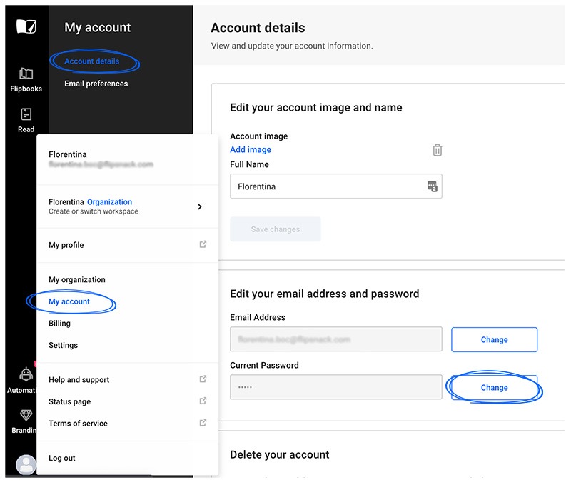 Changing the account password in Flipsnack