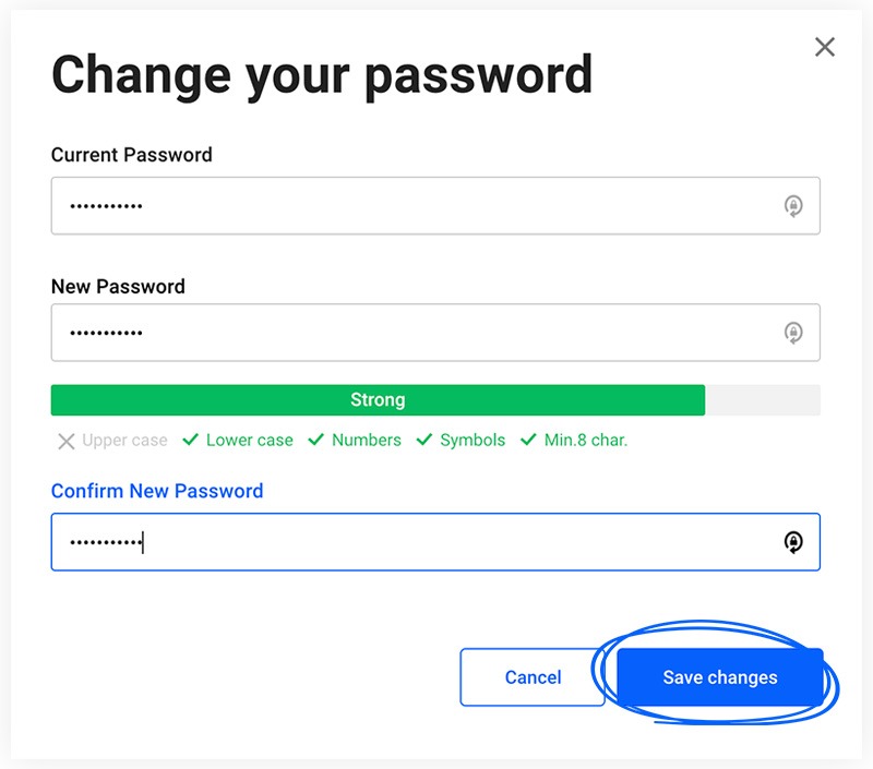 Setting the new password details in Flipsnack