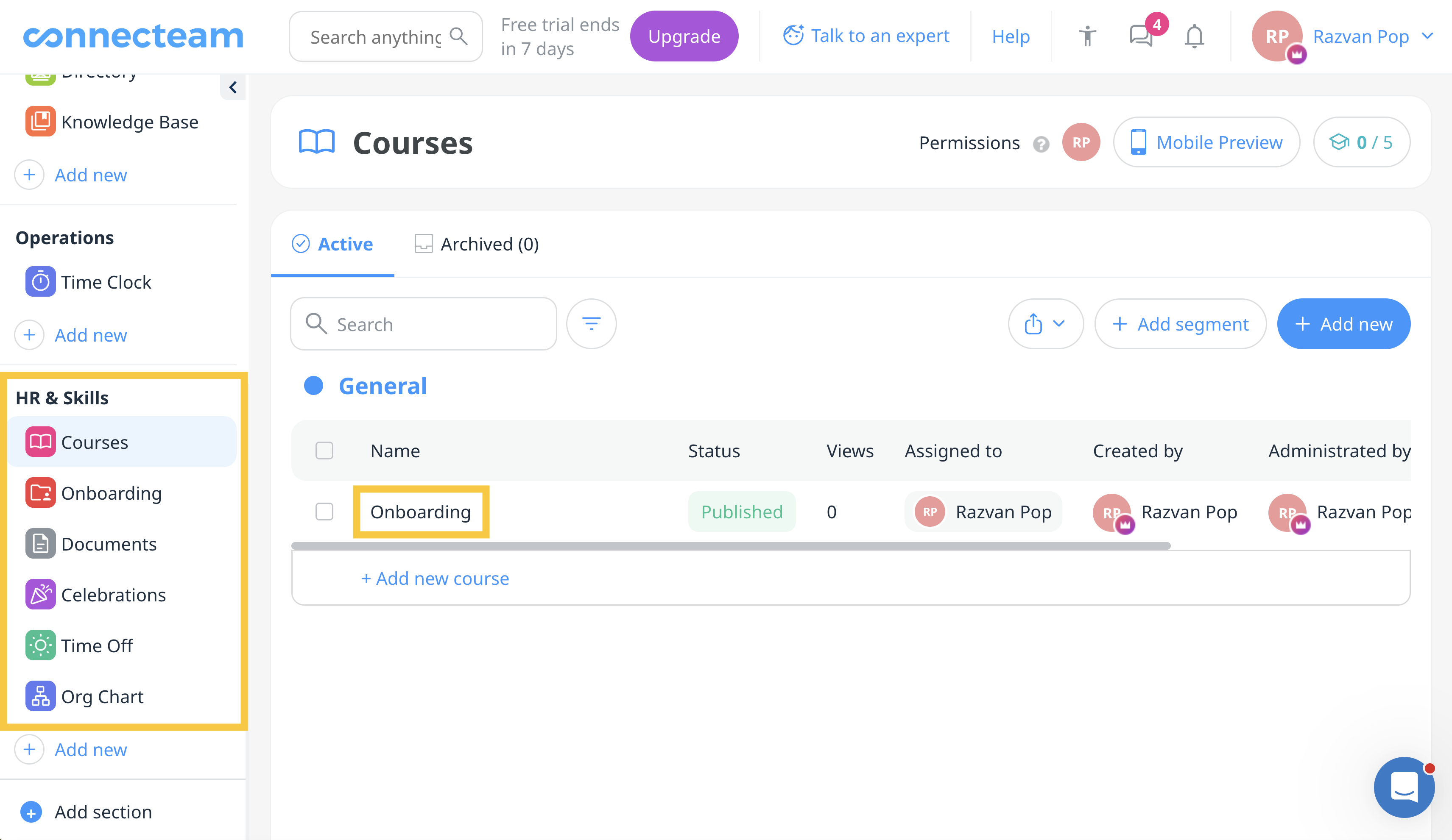 Select your course or other content type in Connecteam