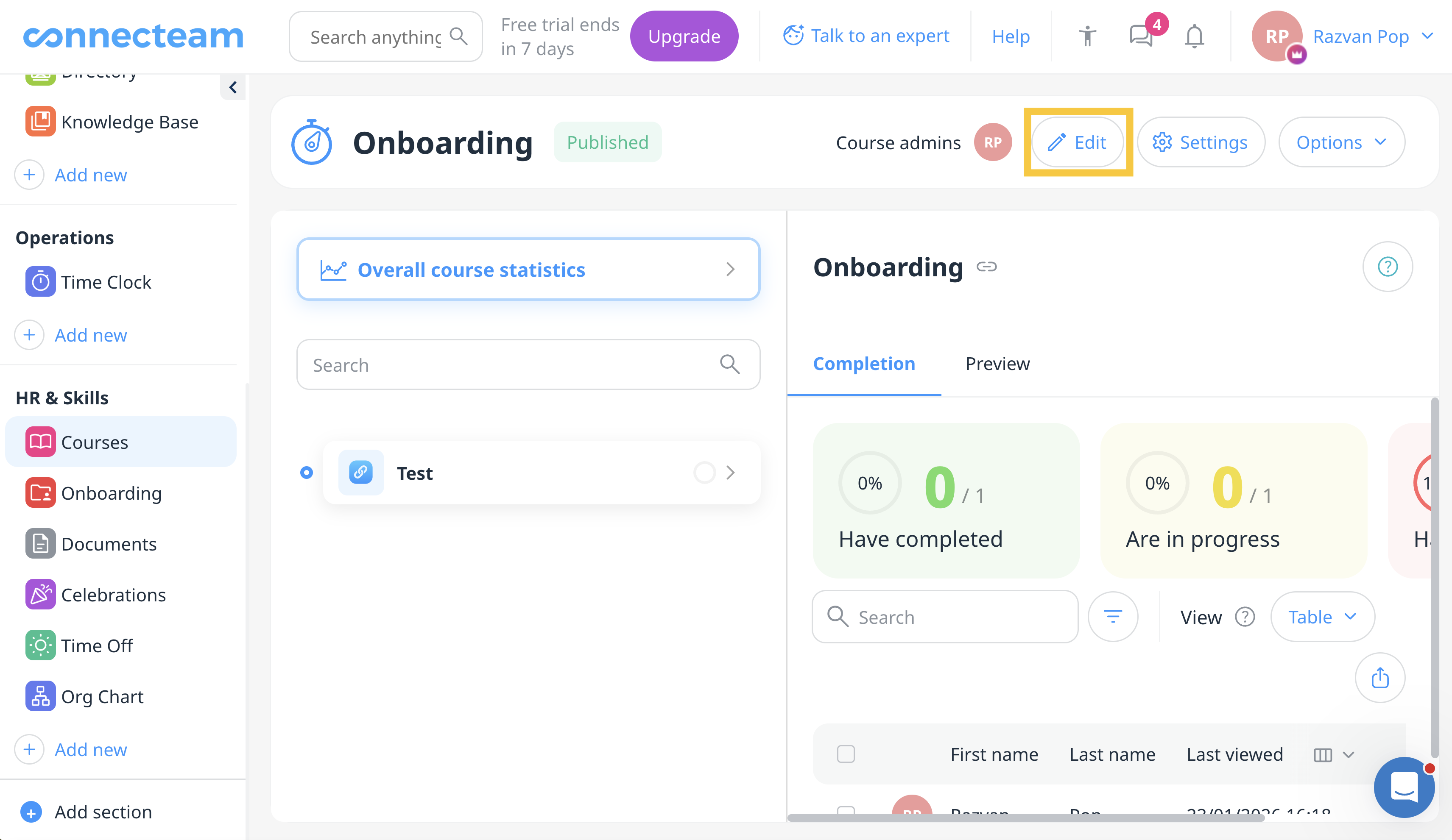 Click on the Edit button in the Connecteam course builder