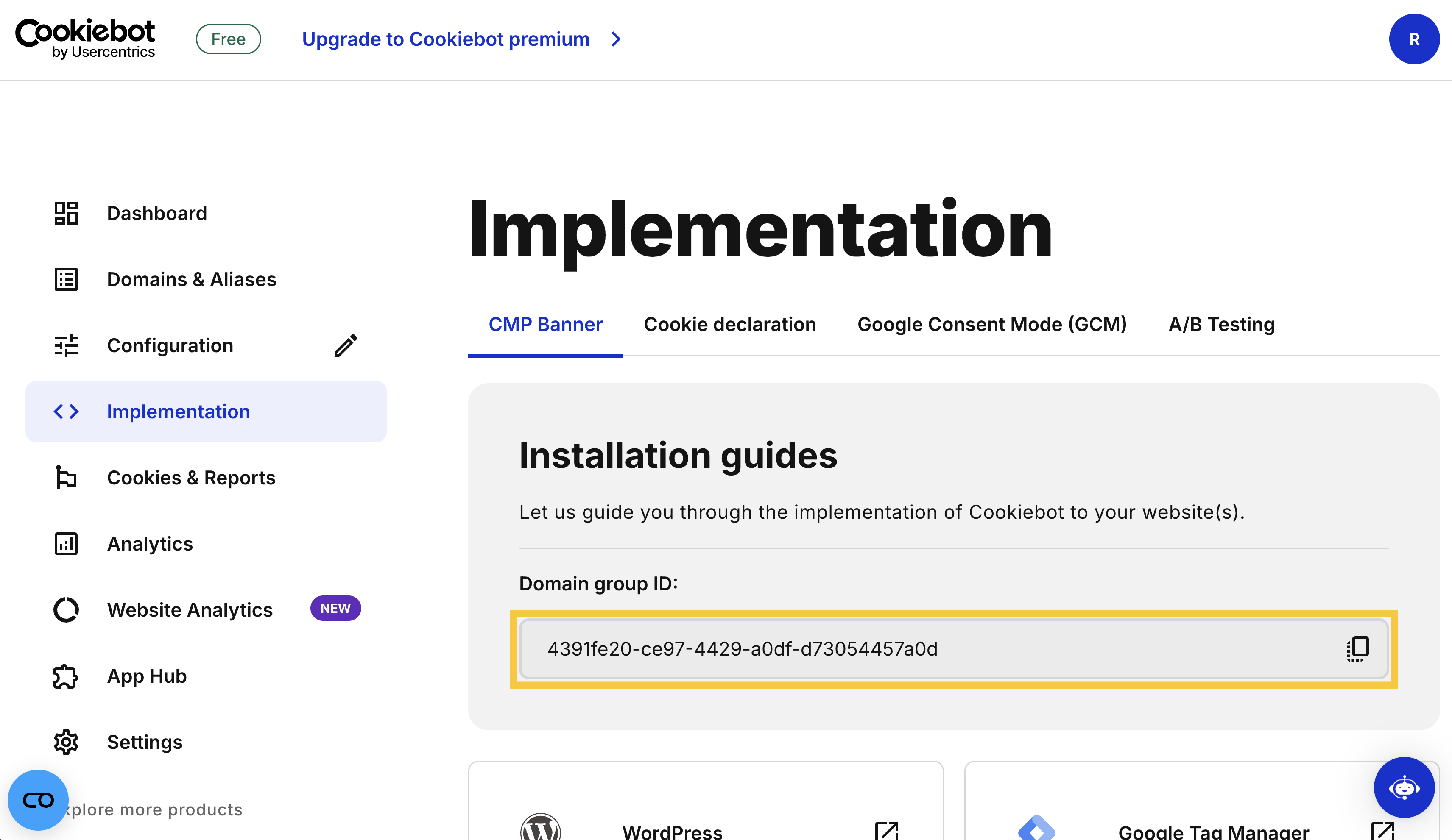Implementation tab to copy domain ID