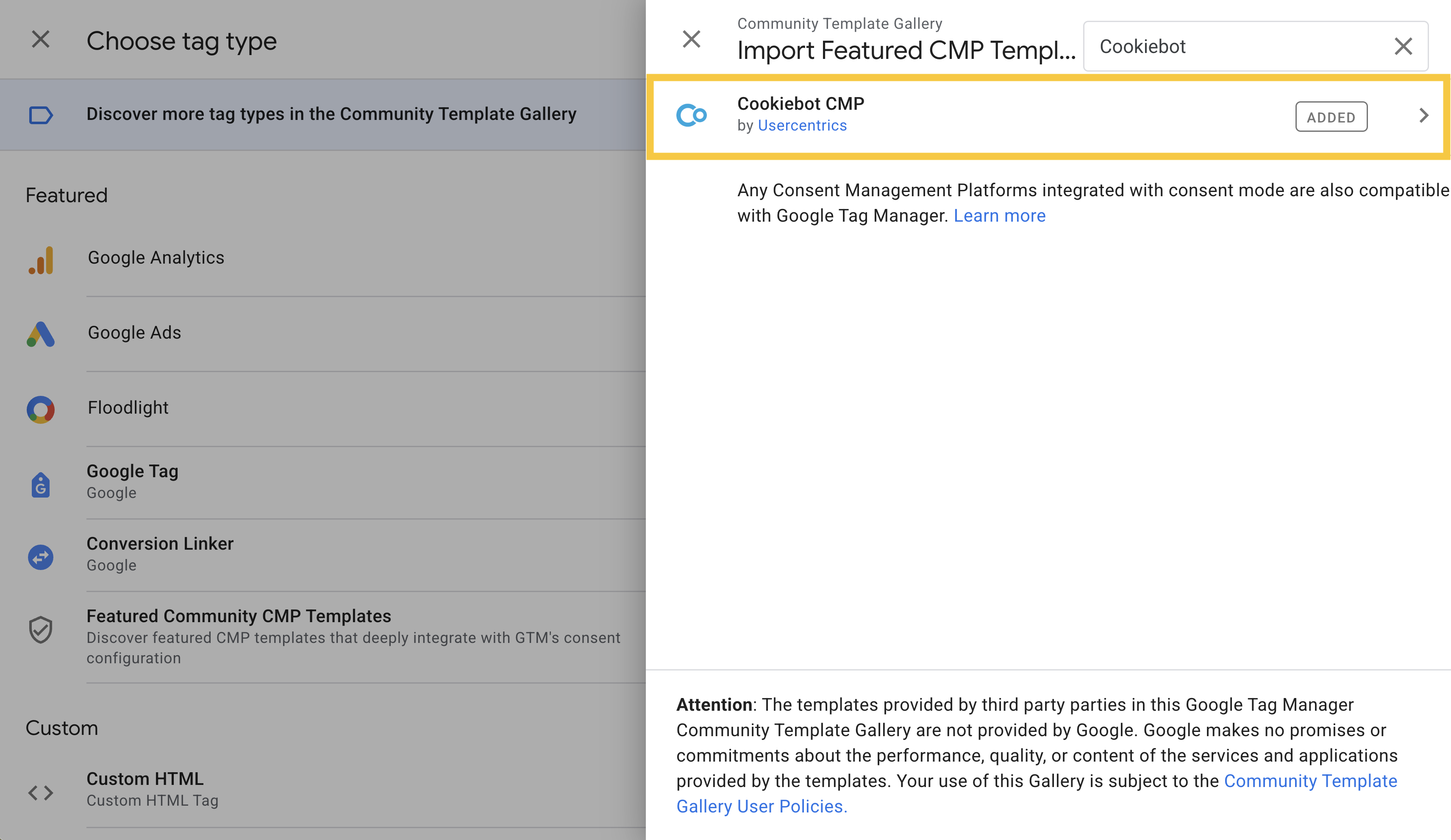 Search for and select Cookiebot CMP