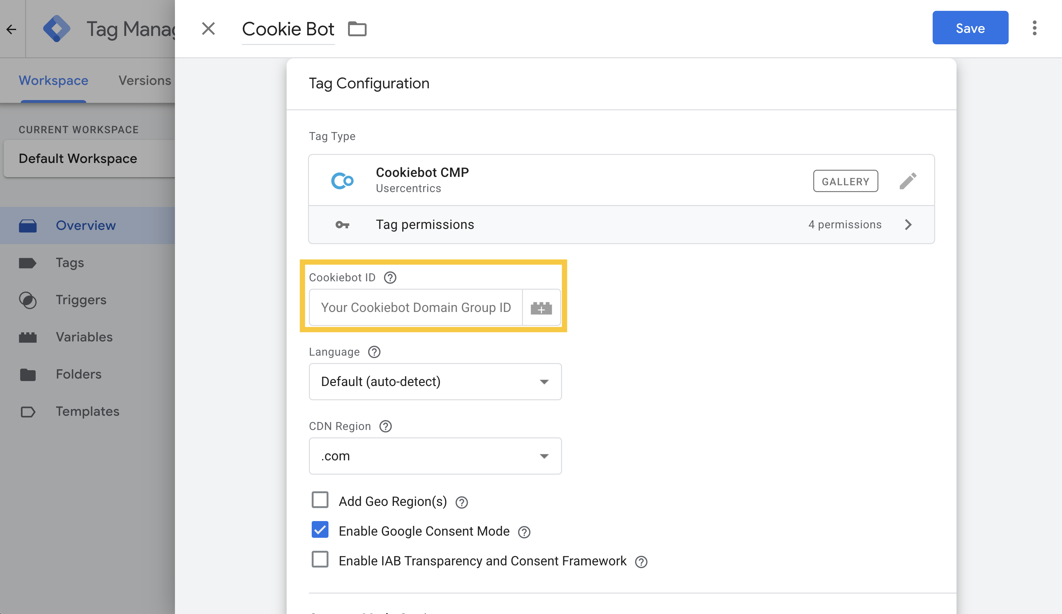 Add the domain ID from the implementation tag in Cookiebot