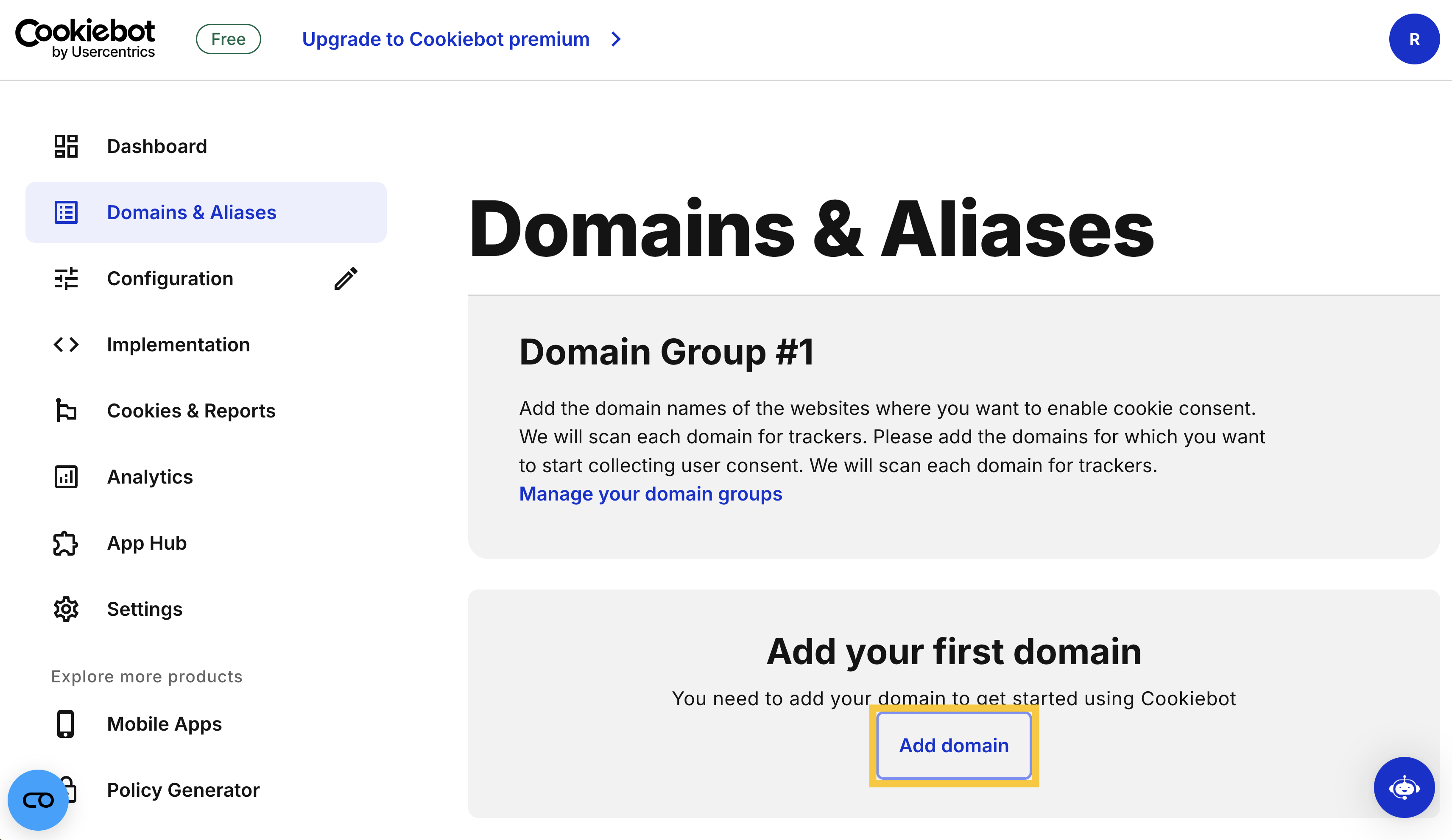 Add domain or subdomain to CookieBot account