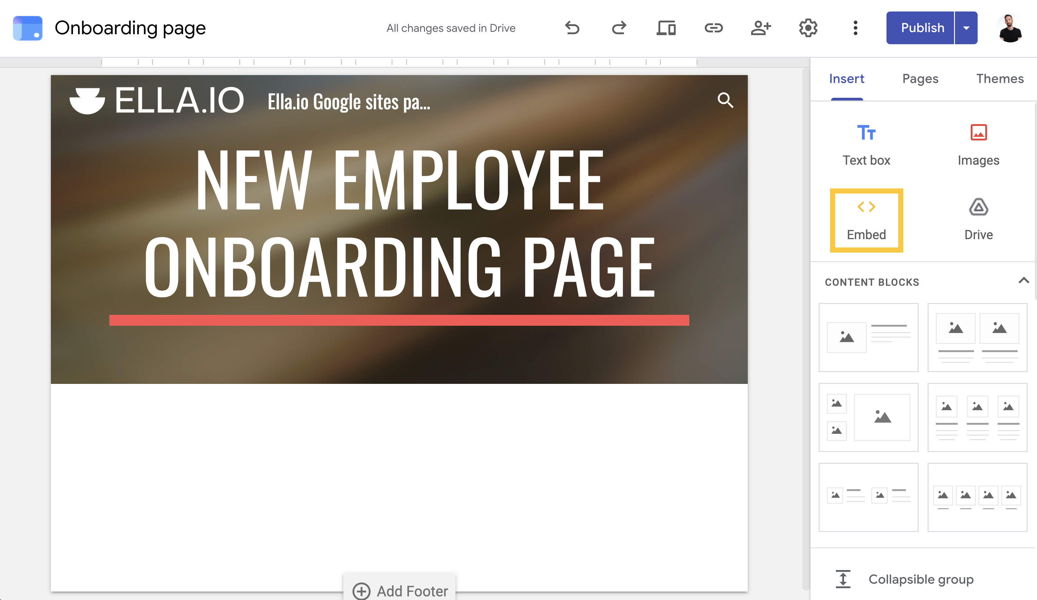 Select the Embed element from the menu
