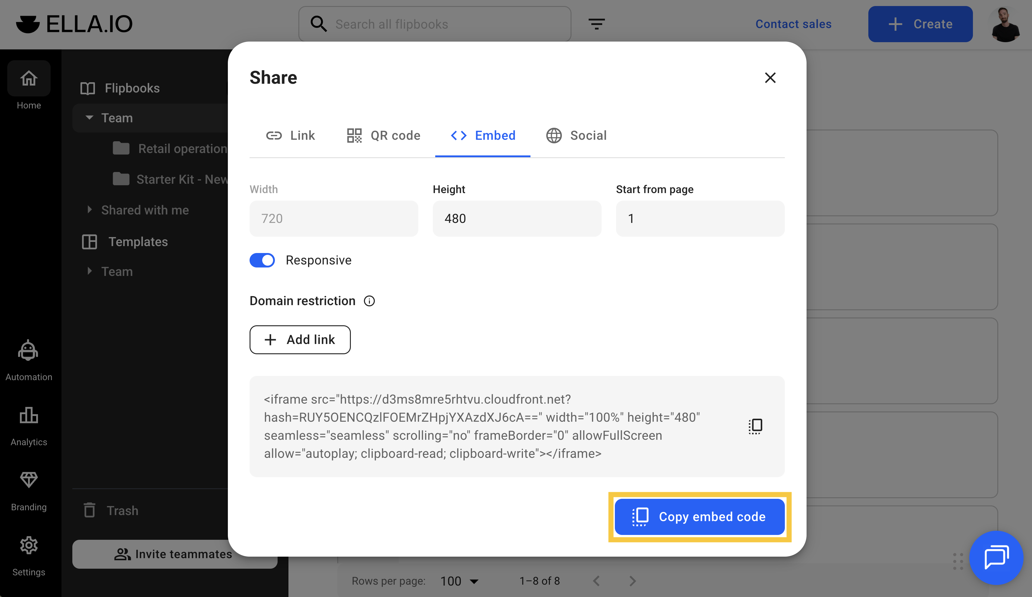 Select the Embed code option